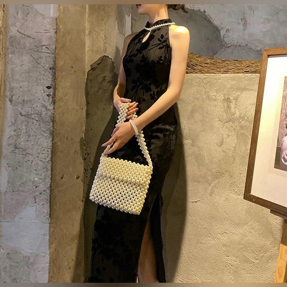 Pearl Collar Sleeveless Improved Cheongsam Mid-Length Slim Flocking Dress - Picture 9 of 9